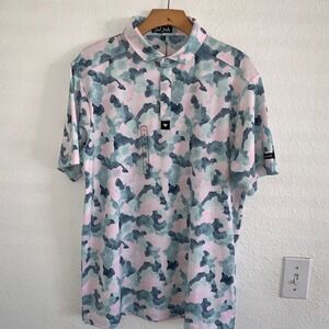 Bad Birdie Mens Pink Blue Watercolor Camo Performance Golf Polo Shirt Size M NEW
